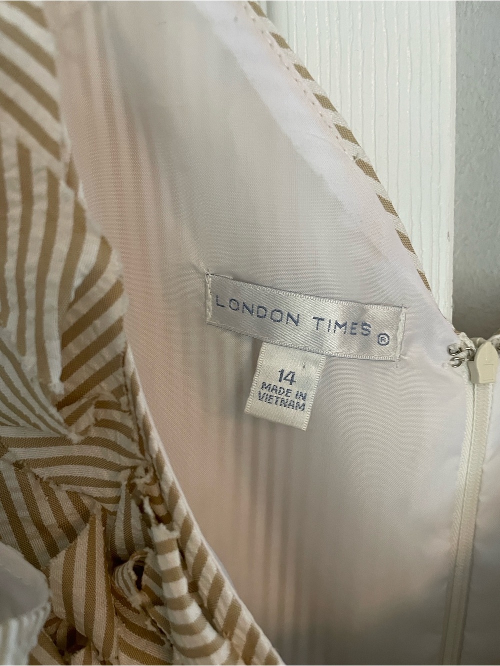 London Times Beige and White Striped Midi Dress